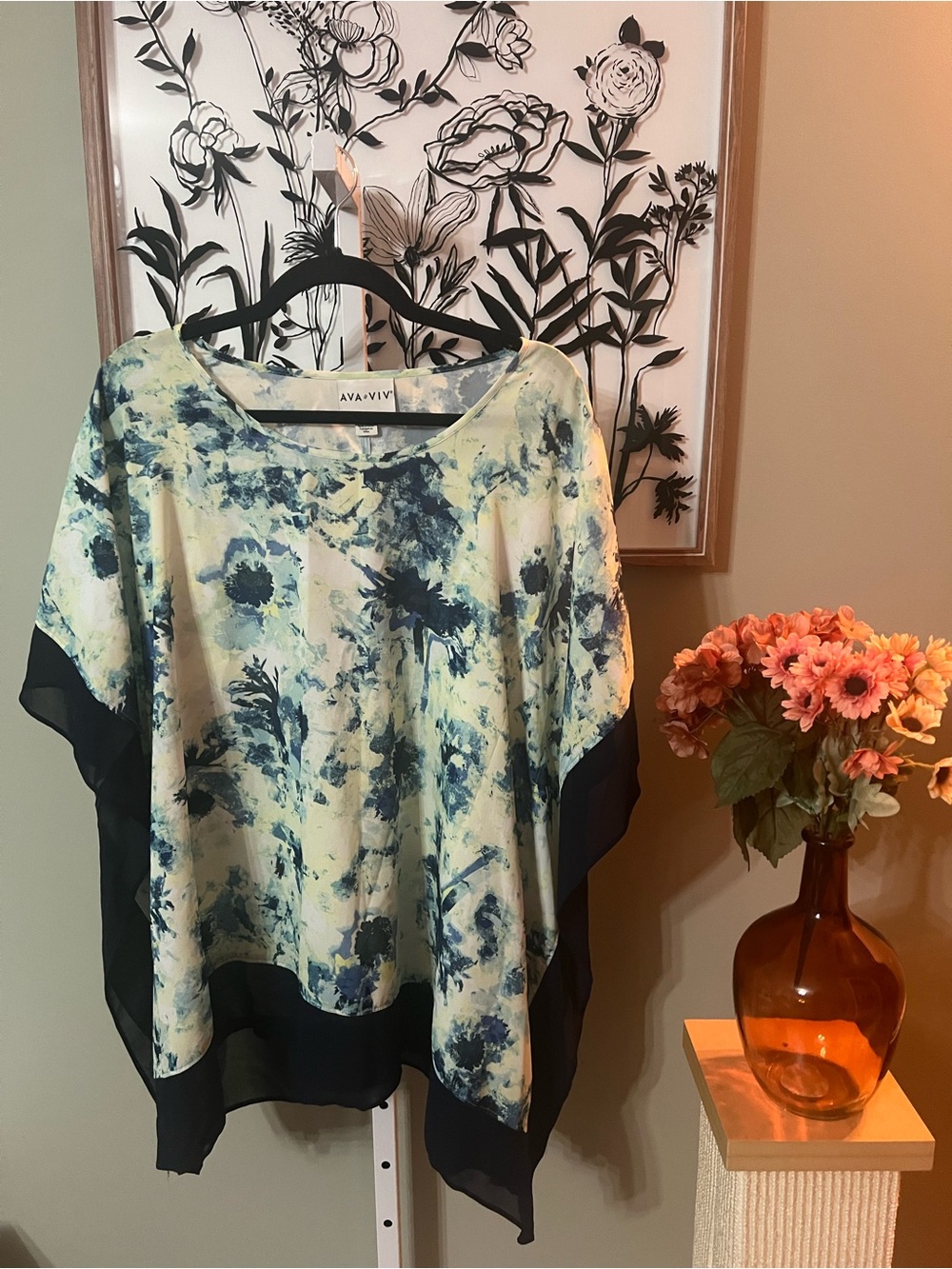 Ava & Viv Cream & Blue Floral Watercolor Lightweight Tunic Poncho Size X/1X